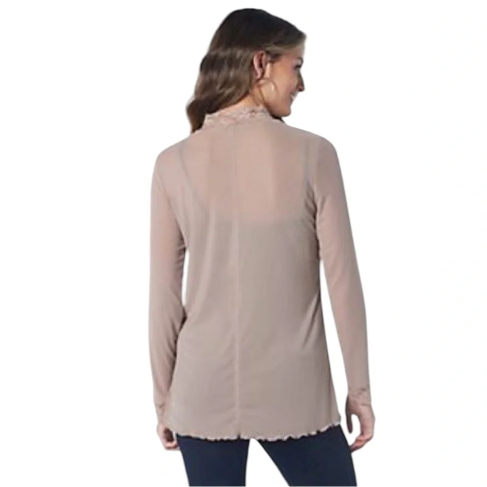 LOGO by Lori Goldstein Sheer Lace Trim Long Sleeve Top in Beige Size XL - Picture 2 of 11
